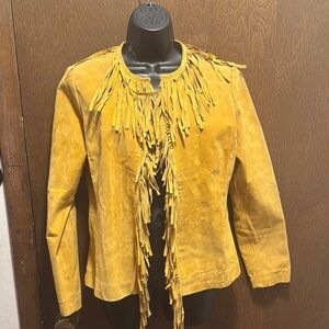 Live a Little Gold Leather Jacket with Fringe Detail and Collarless Design